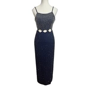 Andretta Donatello Silk Beaded Formal Gown Dress Women XS Navy Blue 90s Prom